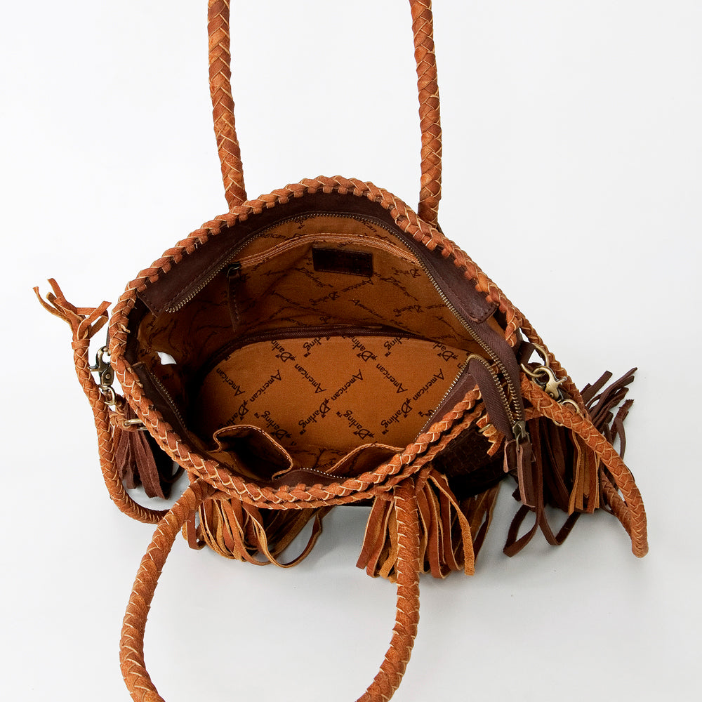 ADBGD146 Woven Leather Western Tote Bag with Braided Fringe & Dual Strap