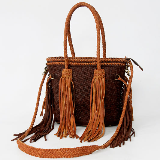 ADBGD146 Woven Leather Western Tote Bag with Braided Fringe & Dual Strap