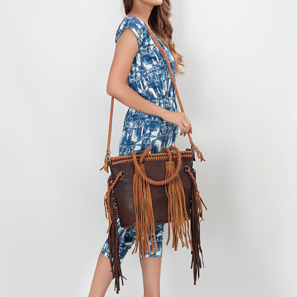 ADBGD147 Leather Western Tote Bag with Braided Fringe & Dual Carry Straps - Handmade Cowgirl Style