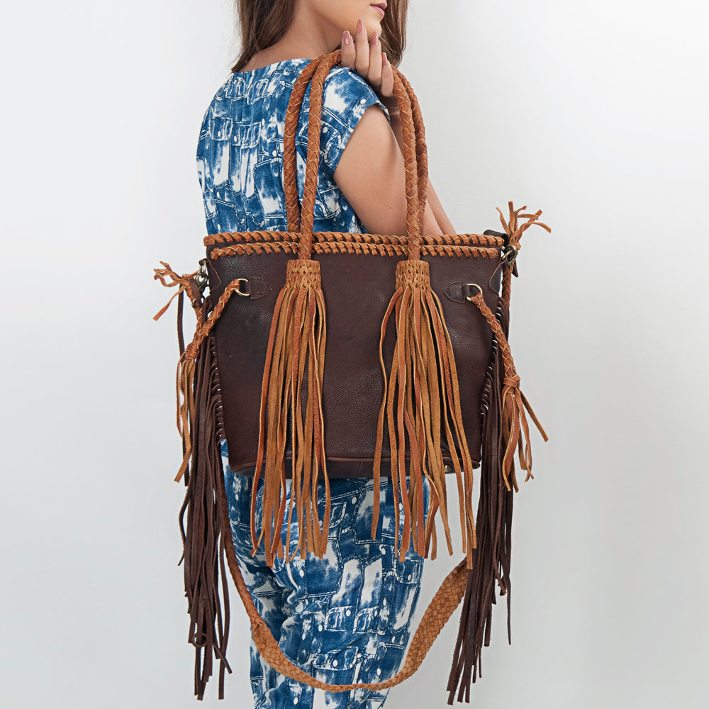ADBGD147 Leather Western Tote Bag with Braided Fringe & Dual Carry Straps - Handmade Cowgirl Style