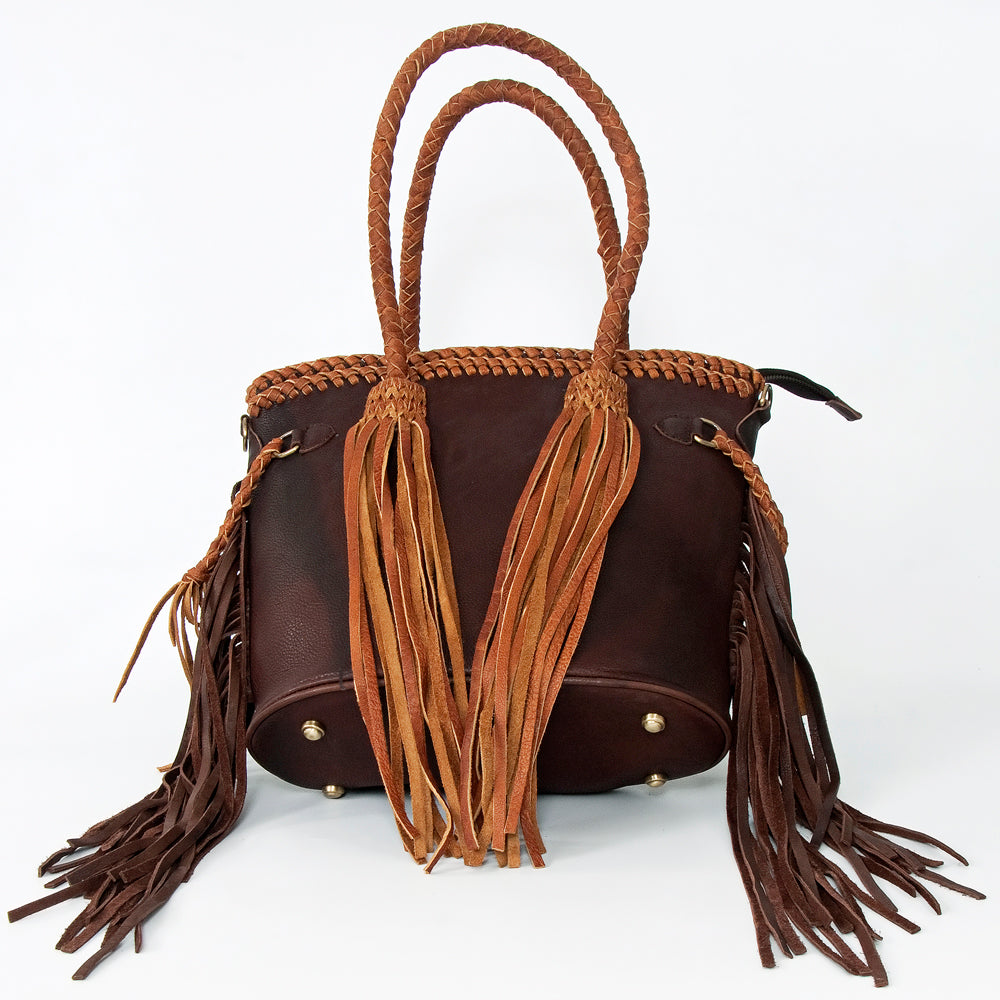 ADBGD147 Leather Western Tote Bag with Braided Fringe & Dual Carry Straps - Handmade Cowgirl Style