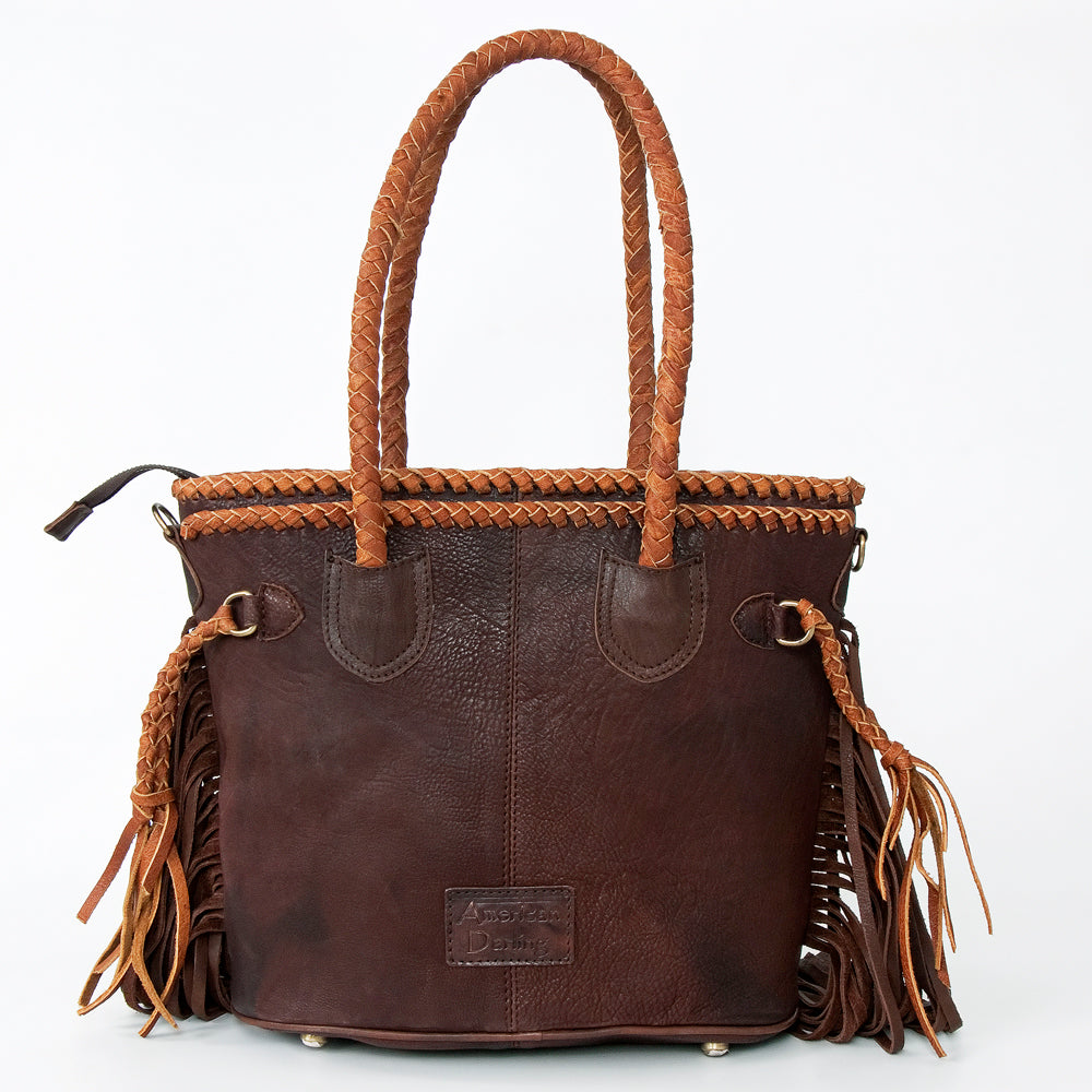 ADBGD147 Leather Western Tote Bag with Braided Fringe & Dual Carry Straps - Handmade Cowgirl Style