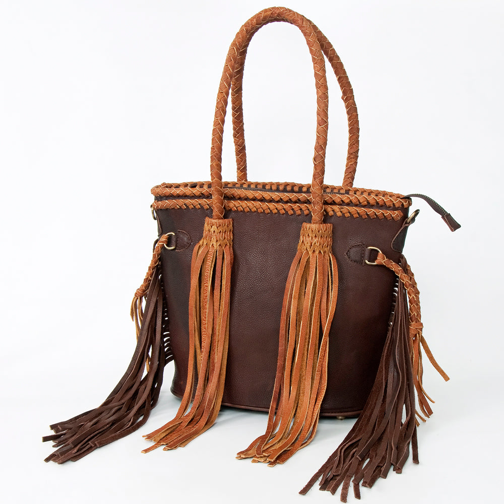 ADBGD147 Leather Western Tote Bag with Braided Fringe & Dual Carry Straps - Handmade Cowgirl Style