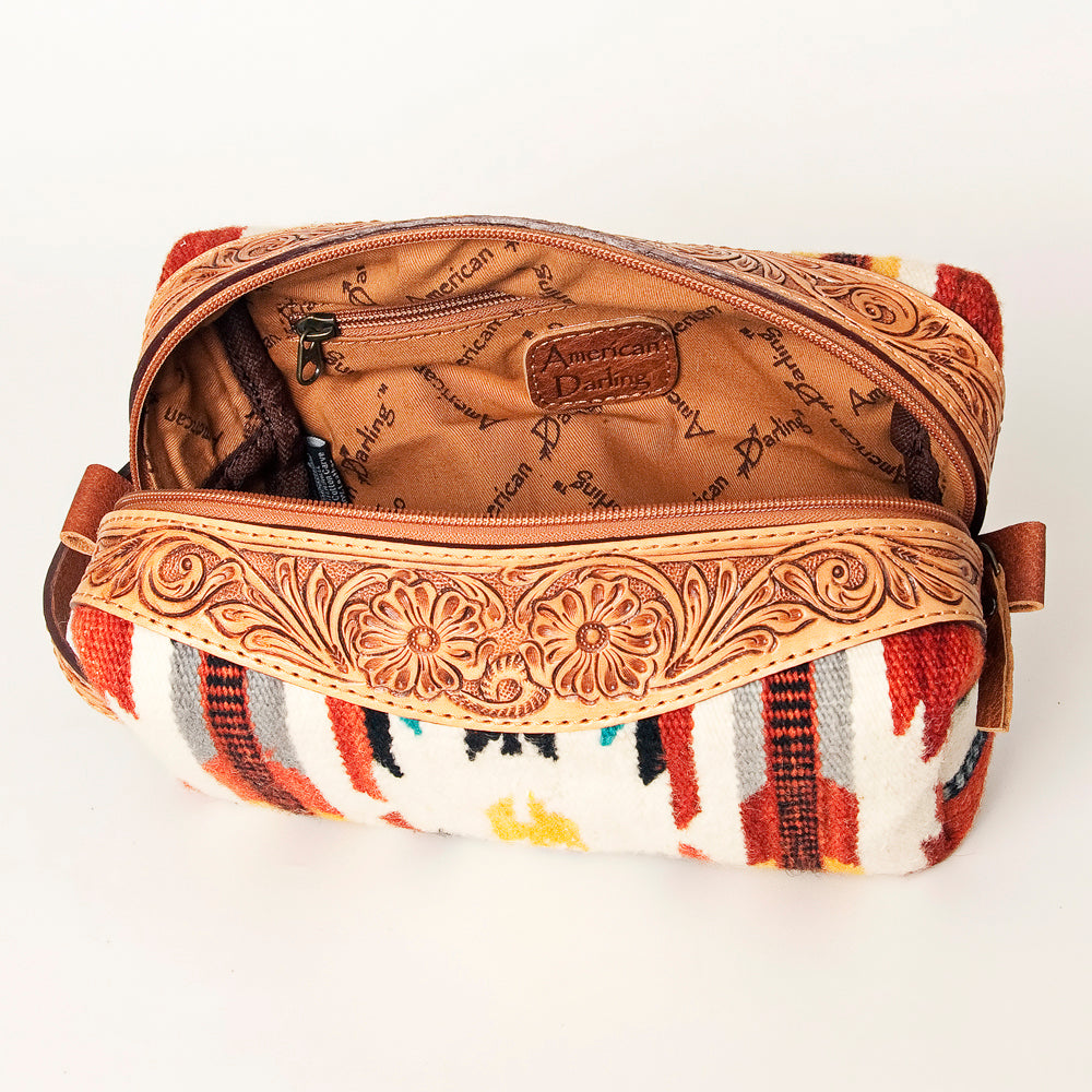 ADBG995 Western Saddle Blanket Toiletry Bag with Tooled Leather Trim American Darling Travel Case