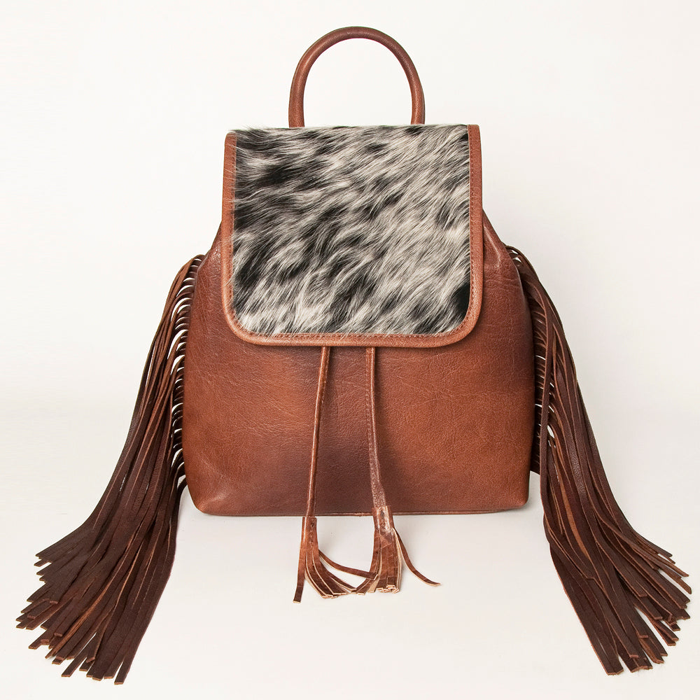 LC-ADBG997 Full Grain Leather Backpack with Speckled Cowhide Flap & Fringe Western Drawstring Daypack