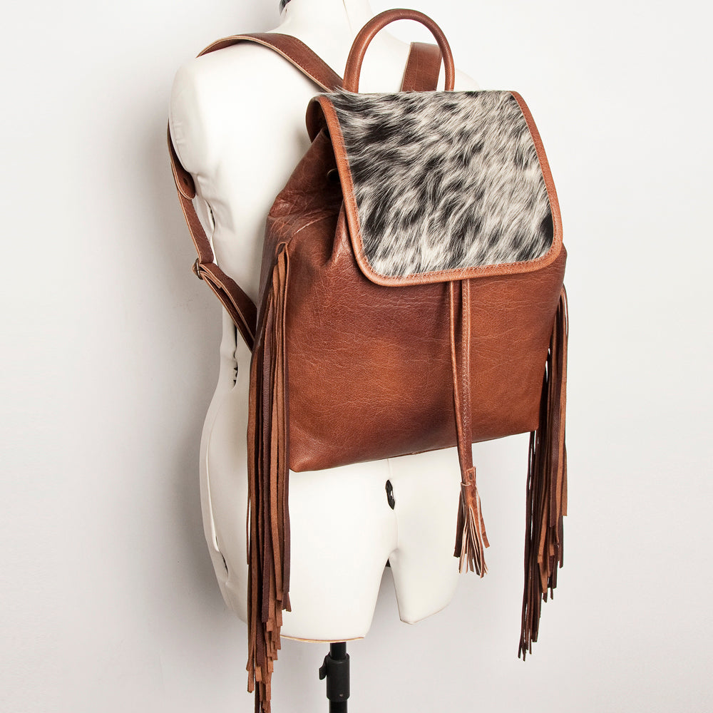 LC-ADBG997 Full Grain Leather Backpack with Speckled Cowhide Flap & Fringe Western Drawstring Daypack