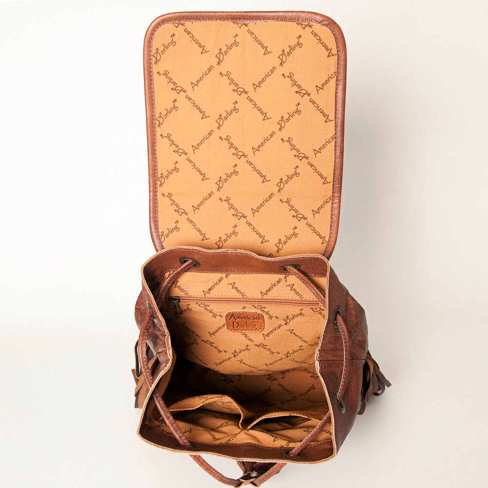 LC-ADBG997 Full Grain Leather Backpack with Speckled Cowhide Flap & Fringe Western Drawstring Daypack