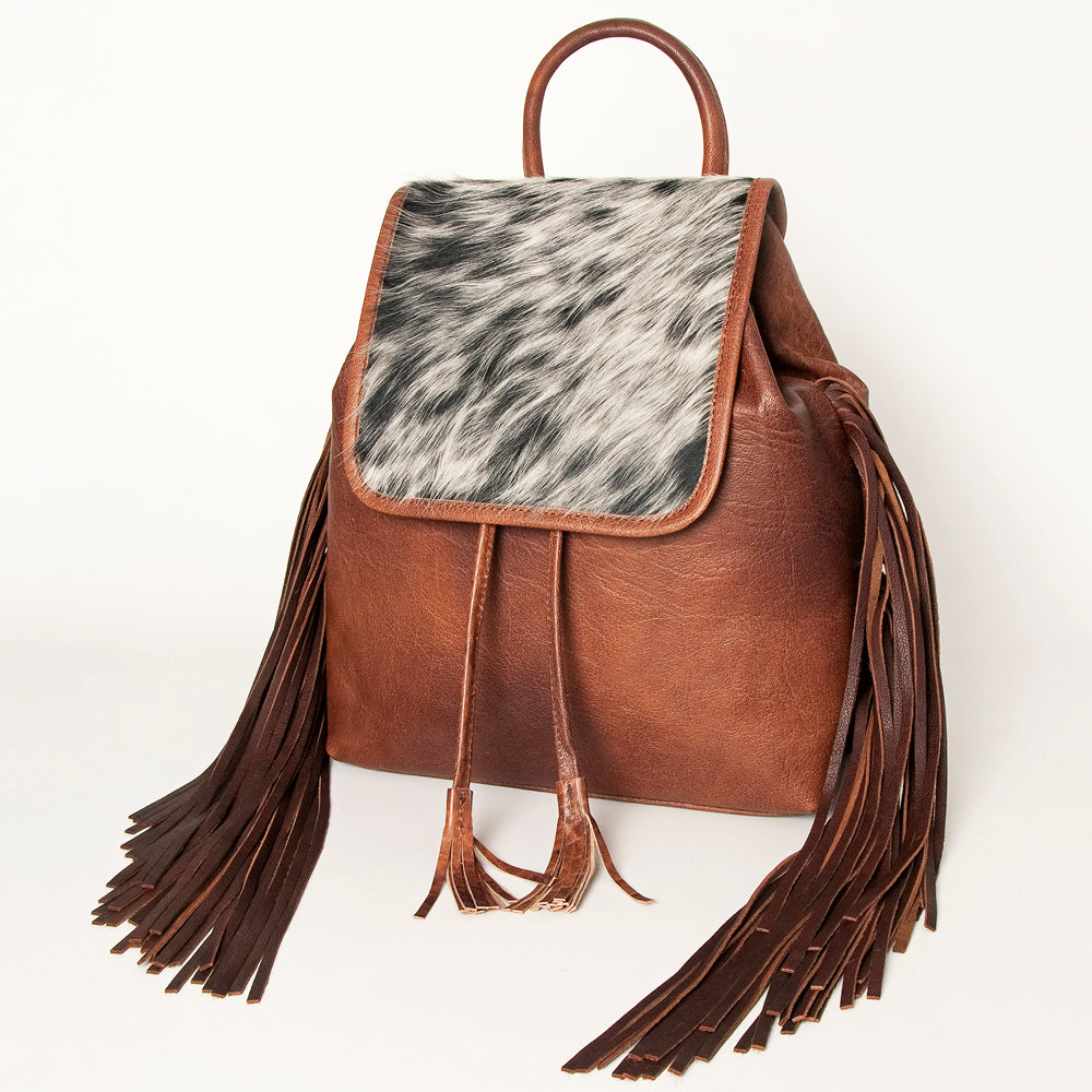 LC-ADBG997 Full Grain Leather Backpack with Speckled Cowhide Flap & Fringe Western Drawstring Daypack