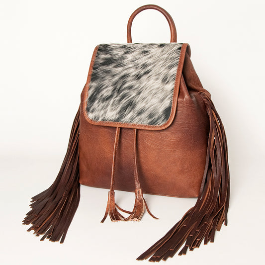 LC-ADBG997 Full Grain Leather Backpack with Speckled Cowhide Flap & Fringe Western Drawstring Daypack
