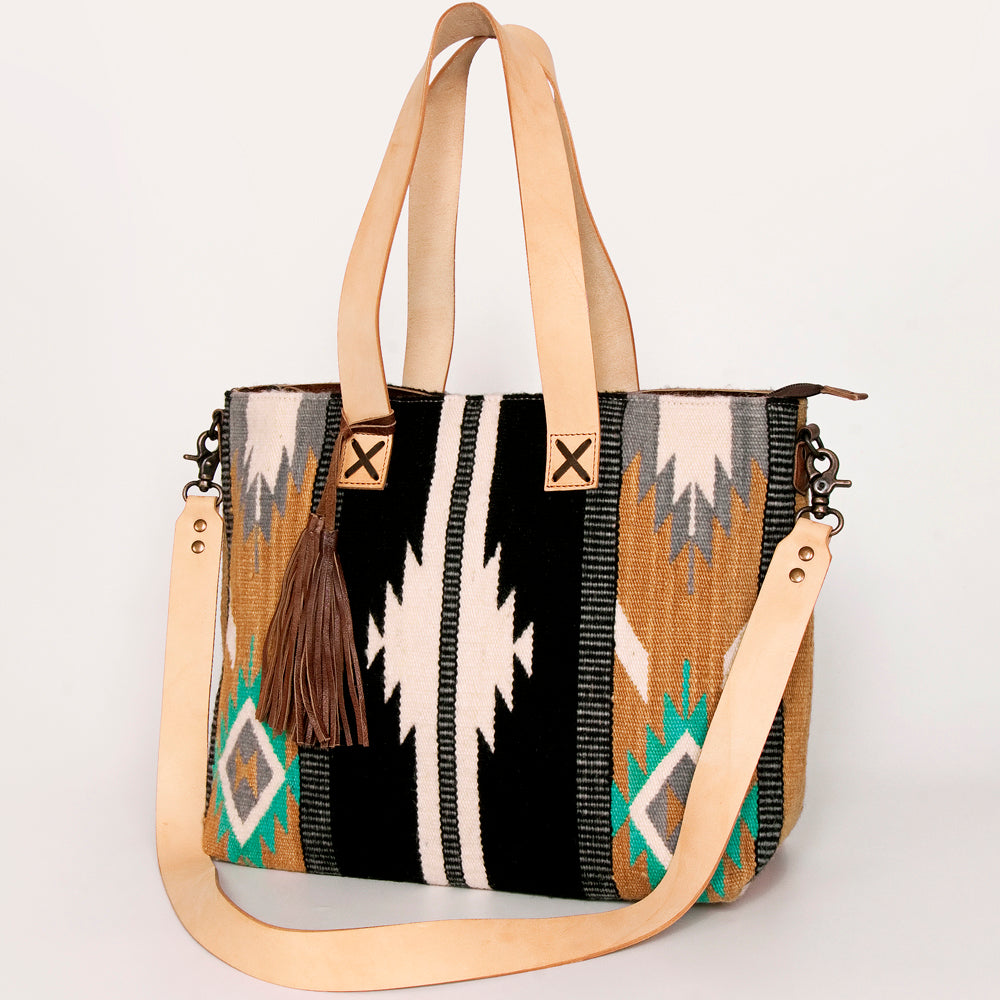 ADBG575 American Darling Western Woven Saddle Blanket & Tooled Leather Fringe Bag