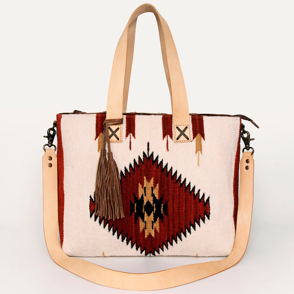 LC-ADBG575D Southwestern Wool Tote with Natural Leather Straps Handwoven Tribal Pattern & Tassel