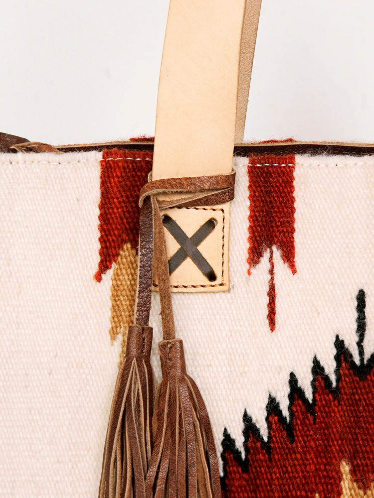 LC-ADBG575D Southwestern Wool Tote with Natural Leather Straps Handwoven Tribal Pattern & Tassel