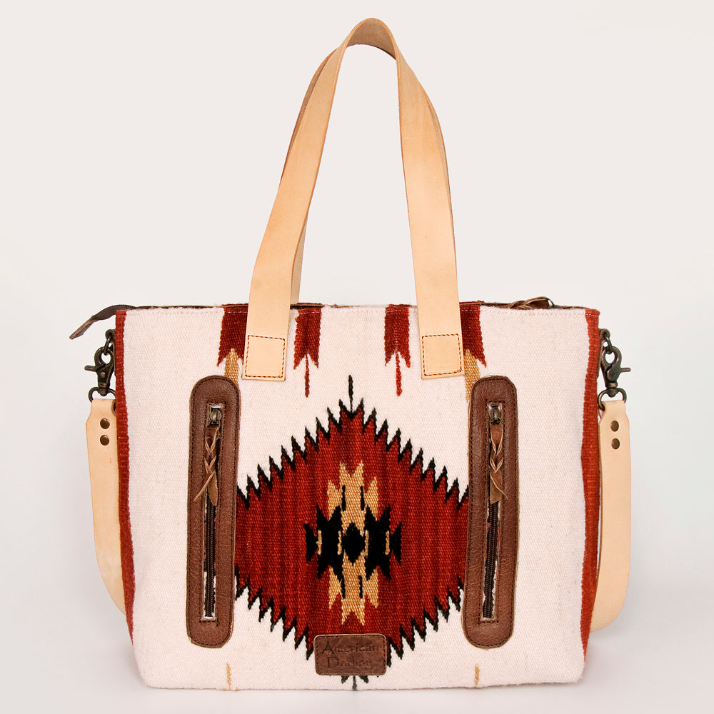 LC-ADBG575D Southwestern Wool Tote with Natural Leather Straps Handwoven Tribal Pattern & Tassel