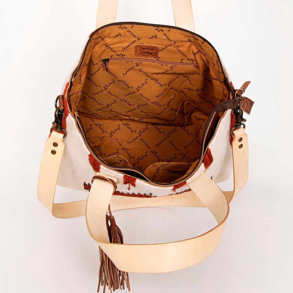 LC-ADBG575D Southwestern Wool Tote with Natural Leather Straps Handwoven Tribal Pattern & Tassel