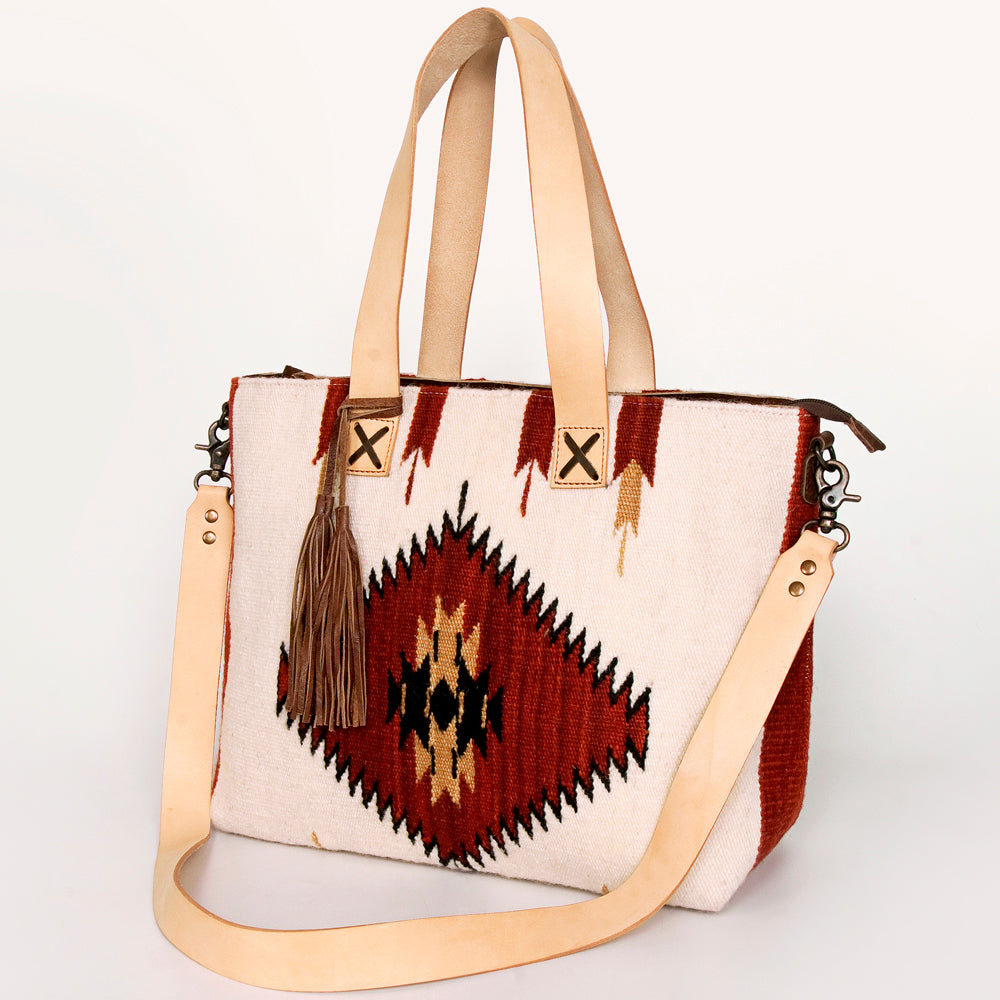 LC-ADBG575D Southwestern Wool Tote with Natural Leather Straps Handwoven Tribal Pattern & Tassel