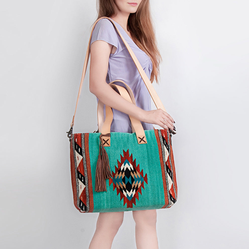 LC-ADBG575D Southwestern Wool Tote with Natural Leather Straps Handwoven Tribal Pattern & Tassel