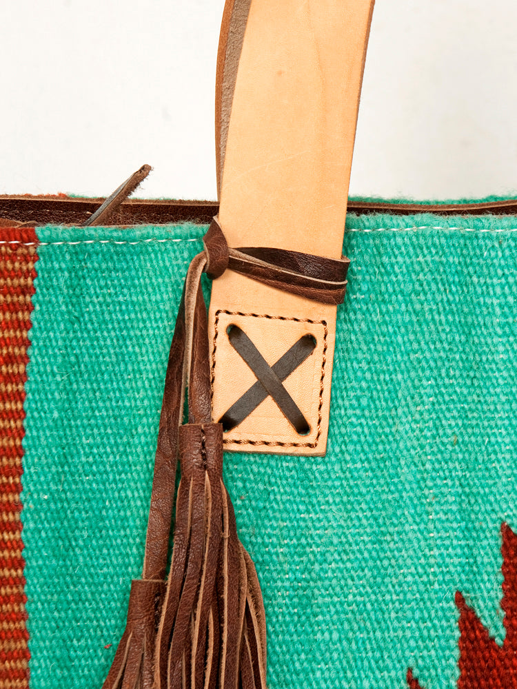 LC-ADBG575D Southwestern Wool Tote with Natural Leather Straps Handwoven Tribal Pattern & Tassel