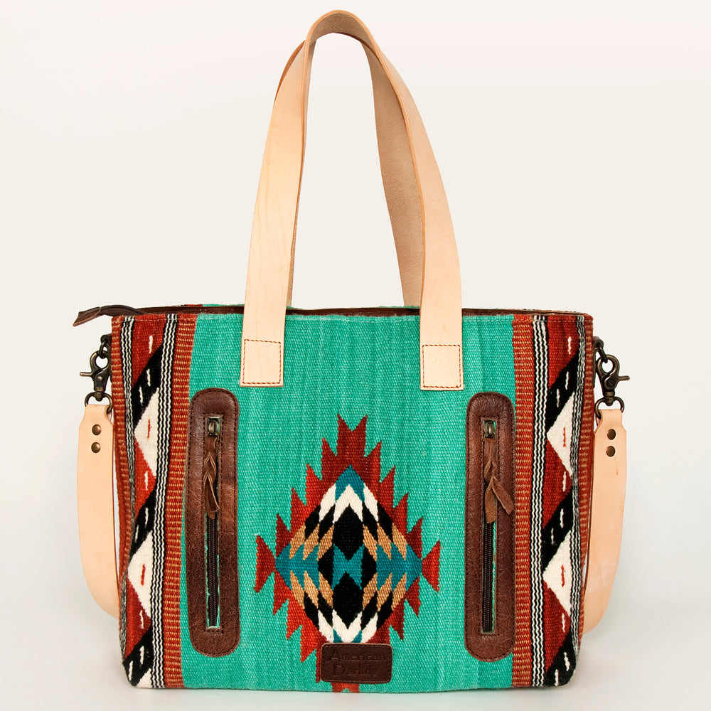 LC-ADBG575D Southwestern Wool Tote with Natural Leather Straps Handwoven Tribal Pattern & Tassel