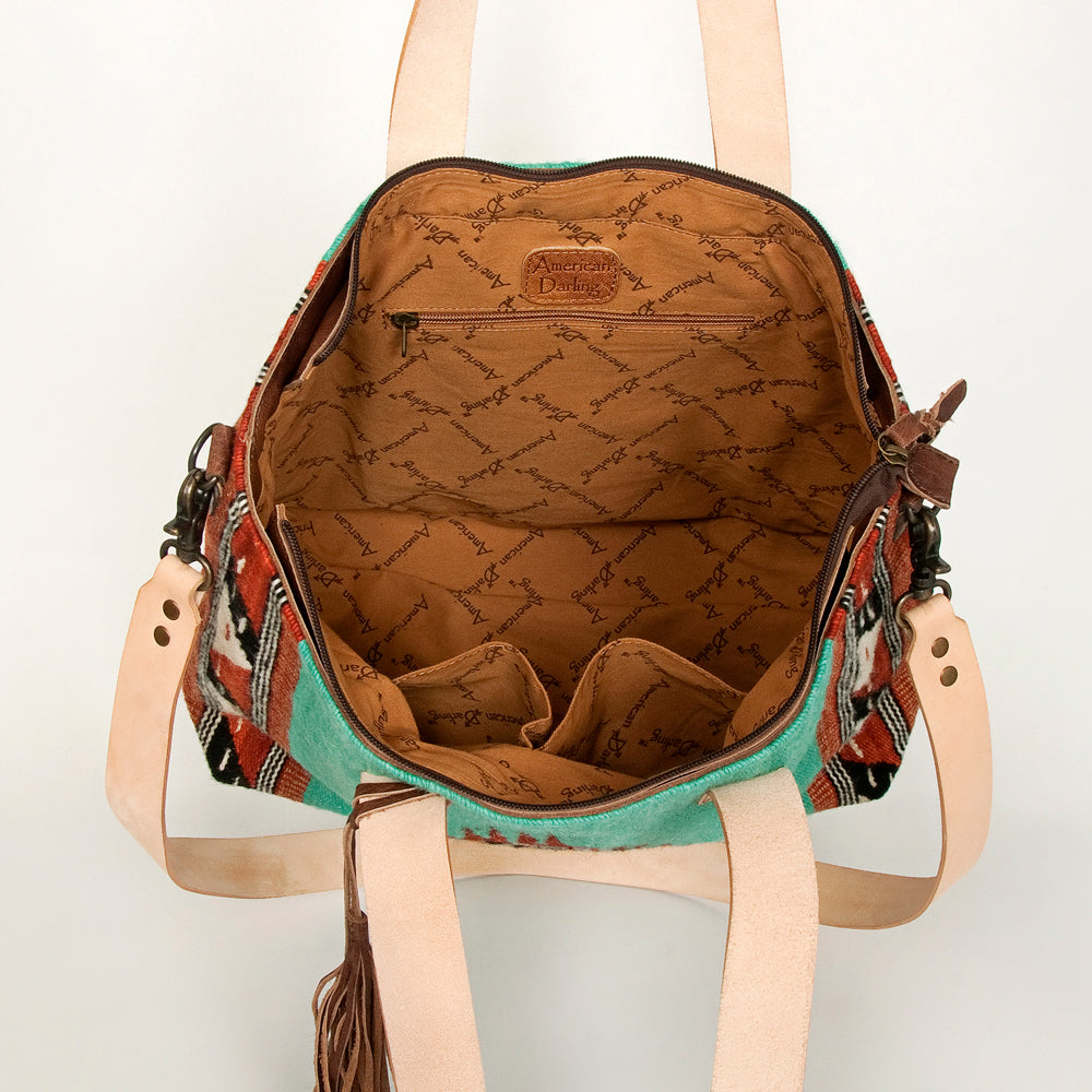 LC-ADBG575D Southwestern Wool Tote with Natural Leather Straps Handwoven Tribal Pattern & Tassel