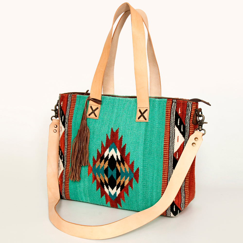 LC-ADBG575D Southwestern Wool Tote with Natural Leather Straps Handwoven Tribal Pattern & Tassel