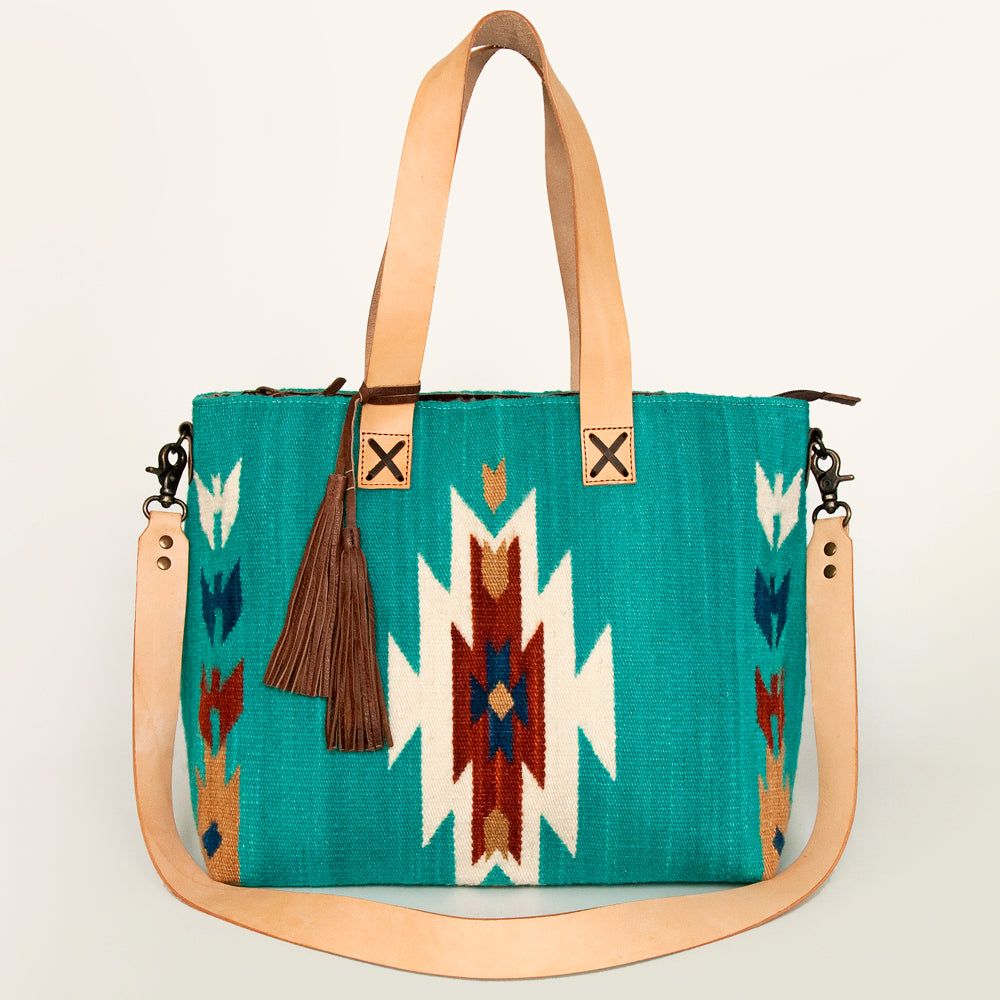 LC-ADBG575D Southwestern Wool Tote with Natural Leather Straps Handwoven Tribal Pattern & Tassel