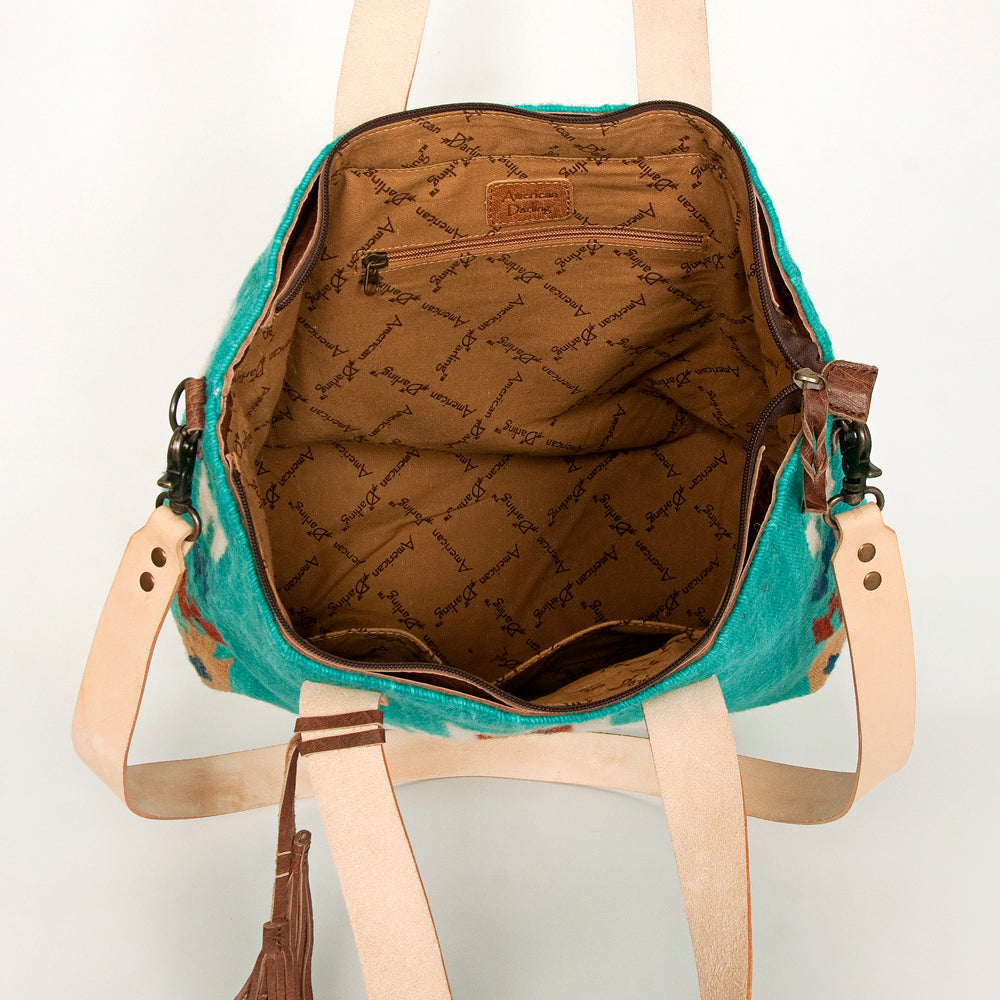 LC-ADBG575D Southwestern Wool Tote with Natural Leather Straps Handwoven Tribal Pattern & Tassel