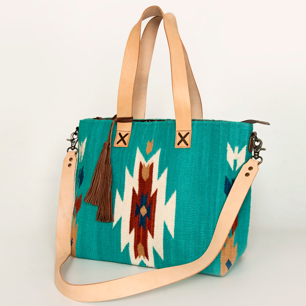 LC-ADBG575D Southwestern Wool Tote with Natural Leather Straps Handwoven Tribal Pattern & Tassel