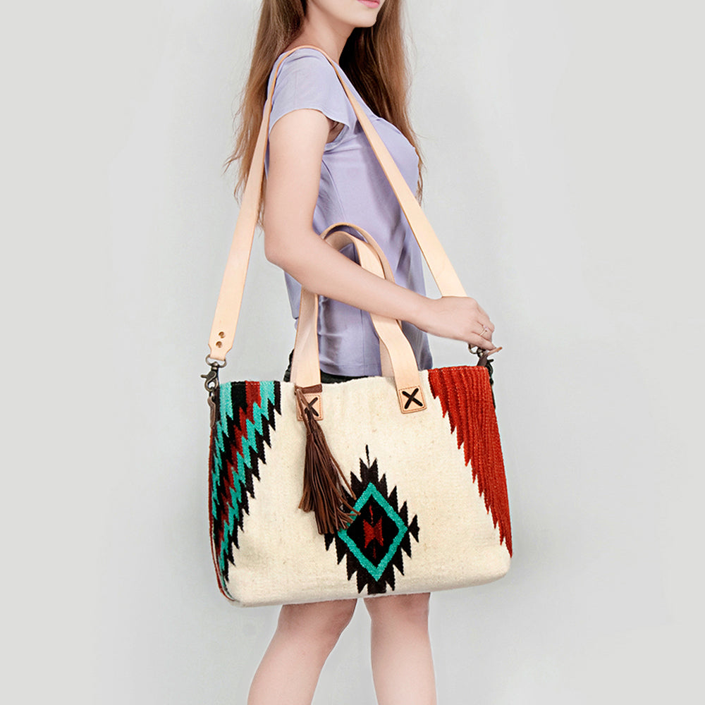 LC-ADBG575D Southwestern Wool Tote with Natural Leather Straps Handwoven Tribal Pattern & Tassel
