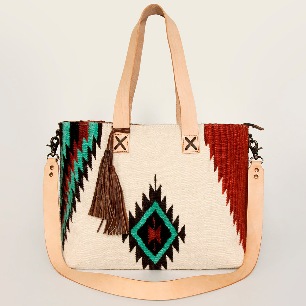 LC-ADBG575D Southwestern Wool Tote with Natural Leather Straps Handwoven Tribal Pattern & Tassel