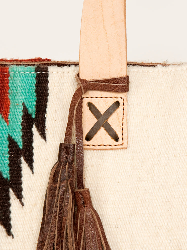 LC-ADBG575D Southwestern Wool Tote with Natural Leather Straps Handwoven Tribal Pattern & Tassel