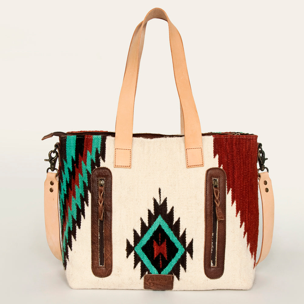 LC-ADBG575D Southwestern Wool Tote with Natural Leather Straps Handwoven Tribal Pattern & Tassel