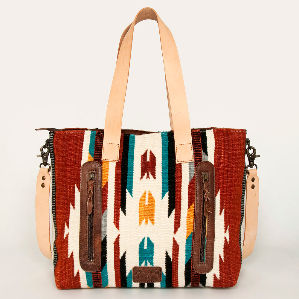 LC-ADBG575D Southwestern Wool Tote with Natural Leather Straps Handwoven Tribal Pattern & Tassel