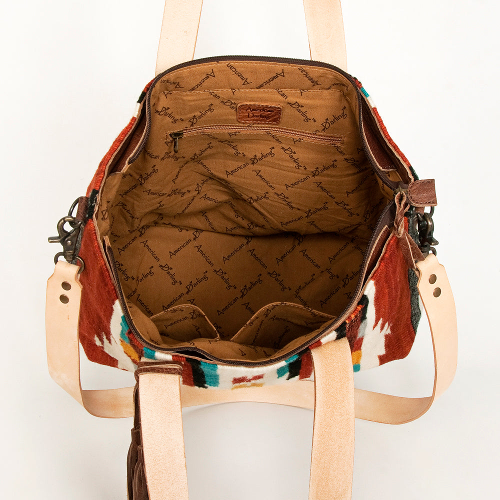 LC-ADBG575D Southwestern Wool Tote with Natural Leather Straps Handwoven Tribal Pattern & Tassel
