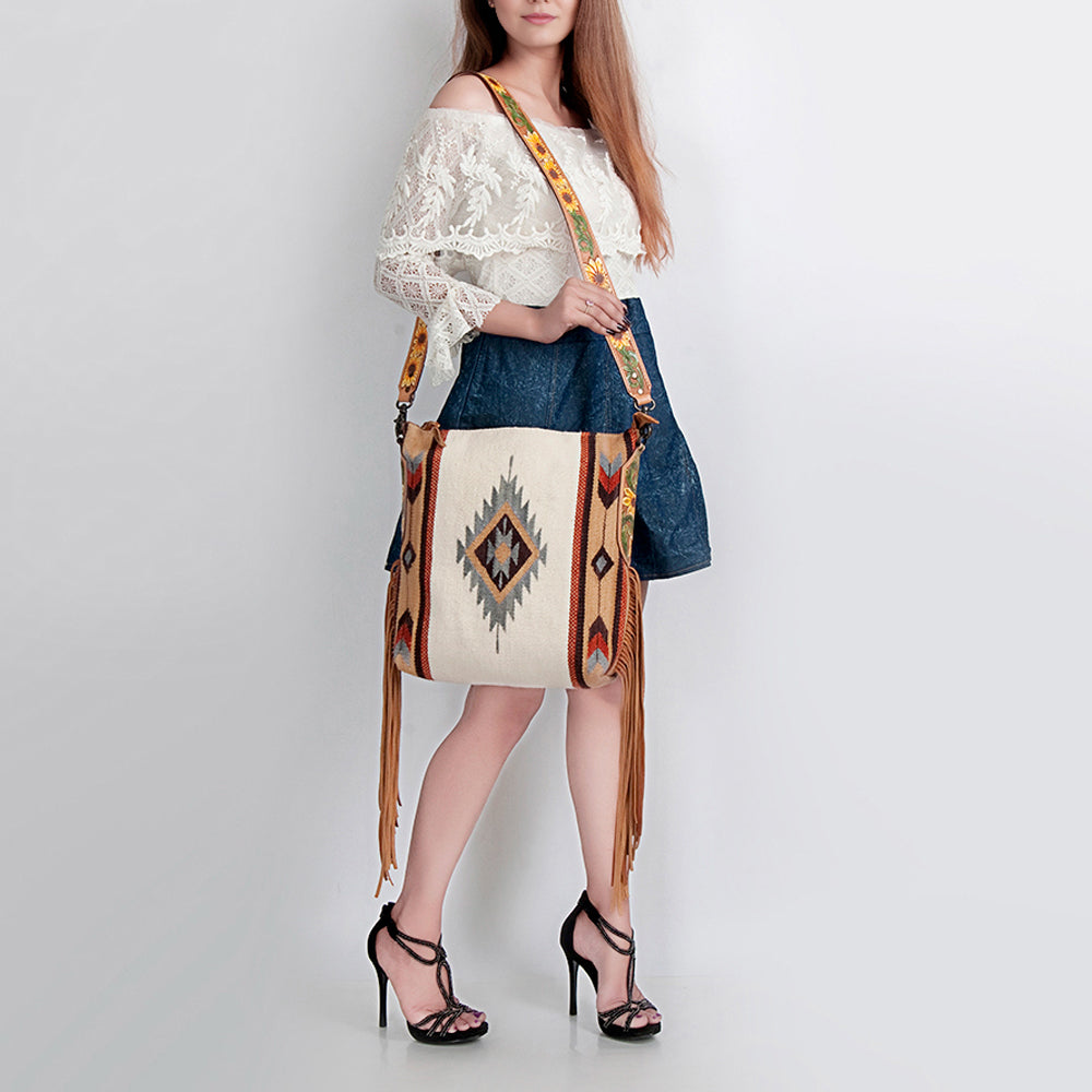 ADBG905 Southwestern Wool Blanket & Tooled Leather Fringe Large Crossbody Bag by American Darling