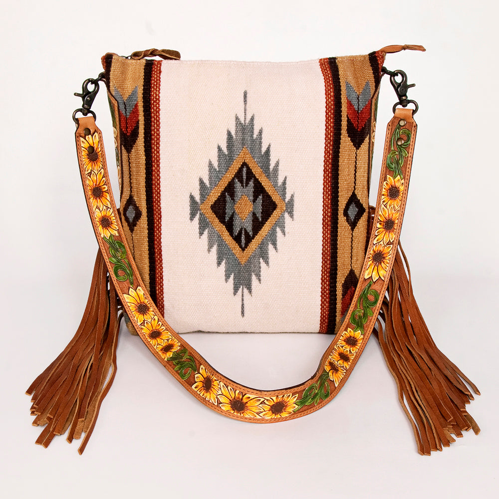 ADBG905 Southwestern Wool Blanket & Tooled Leather Fringe Large Crossbody Bag by American Darling
