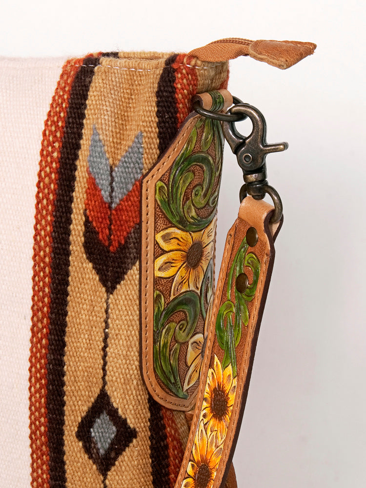 ADBG905 Southwestern Wool Blanket & Tooled Leather Fringe Large Crossbody Bag by American Darling
