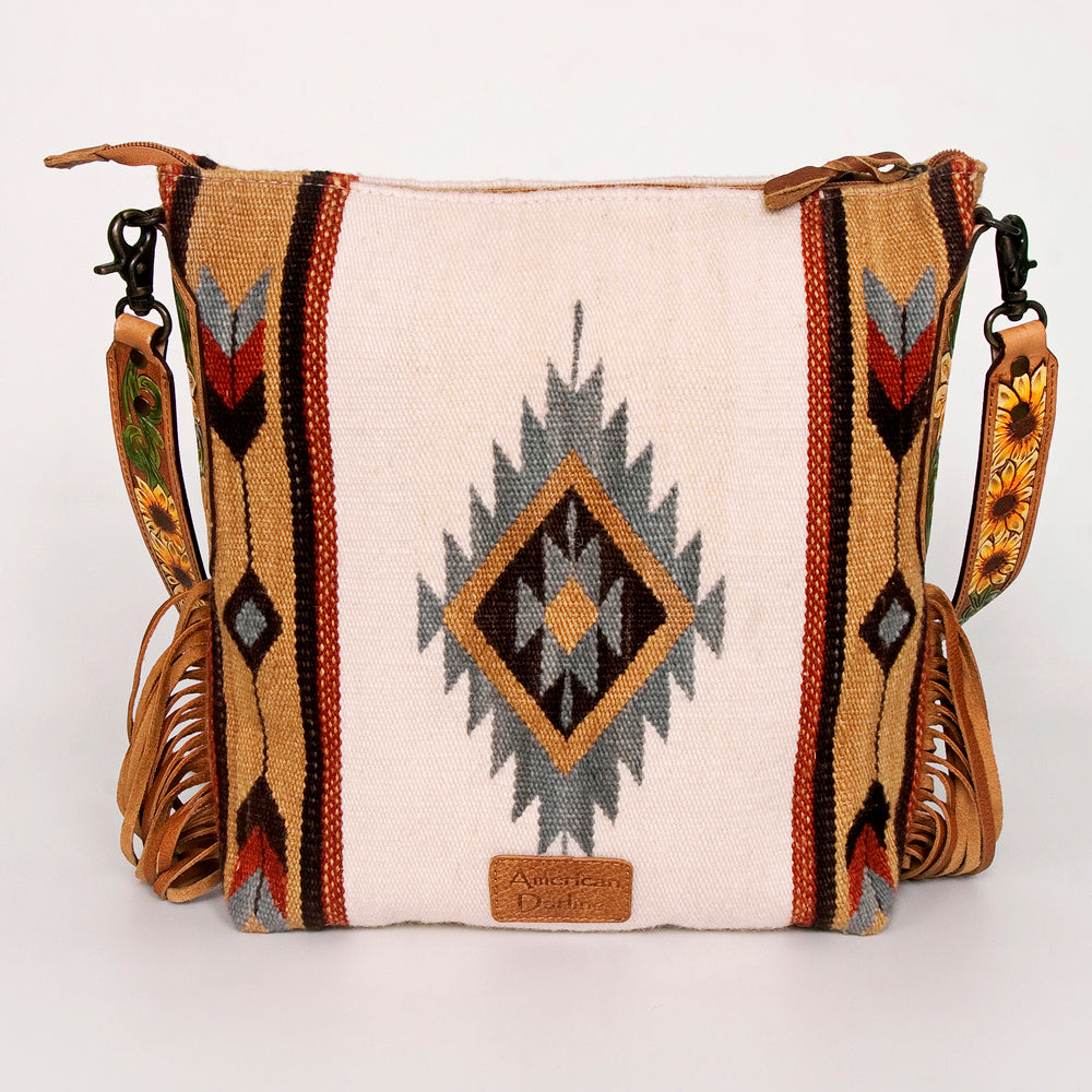 ADBG905 Southwestern Wool Blanket & Tooled Leather Fringe Large Crossbody Bag by American Darling