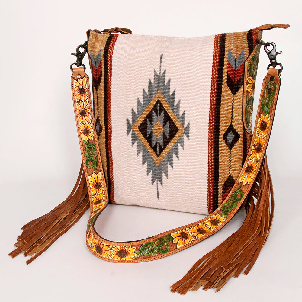 ADBG905 Southwestern Wool Blanket & Tooled Leather Fringe Large Crossbody Bag by American Darling