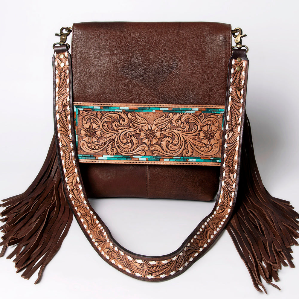 LC-ADBGA161 Tooled Leather Messenger Bag Brown Fringe Western Shoulder Purse