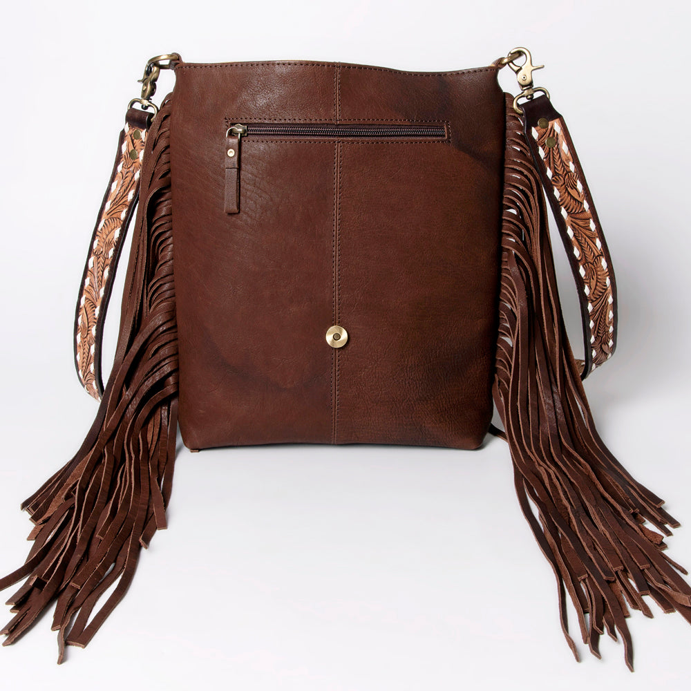 LC-ADBGA161 Tooled Leather Messenger Bag Brown Fringe Western Shoulder Purse