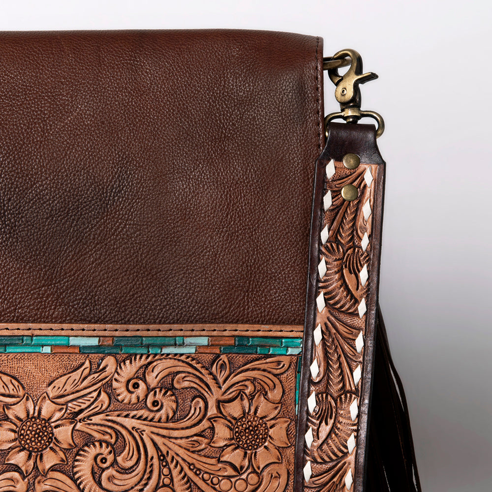 LC-ADBGA161 Tooled Leather Messenger Bag Brown Fringe Western Shoulder Purse