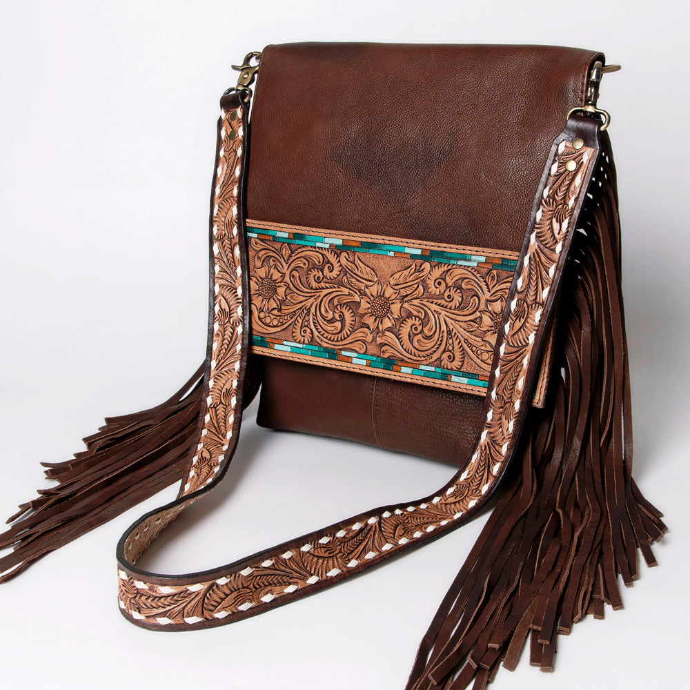 LC-ADBGA161 Tooled Leather Messenger Bag Brown Fringe Western Shoulder Purse