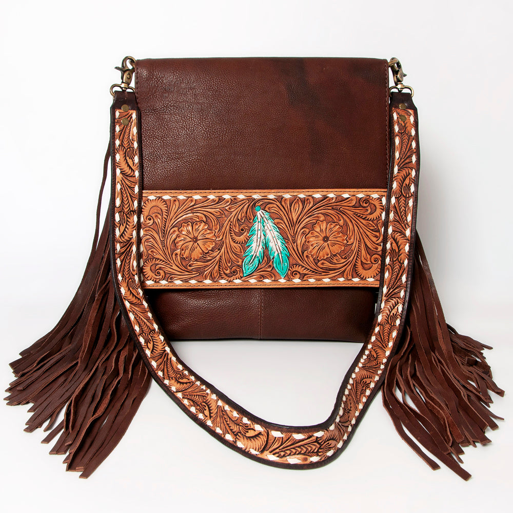 LC-ADBGA161 Tooled Leather Messenger Bag Brown Fringe Western Shoulder Purse