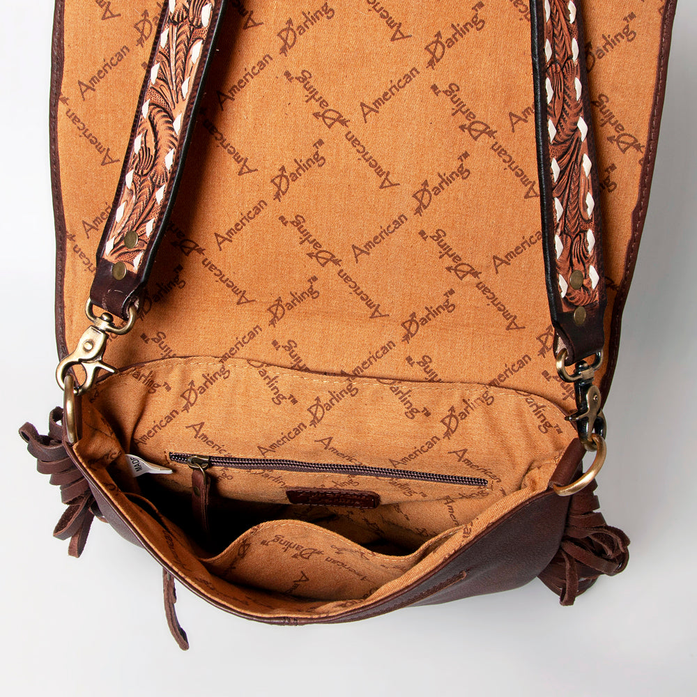 LC-ADBGA161 Tooled Leather Messenger Bag Brown Fringe Western Shoulder Purse