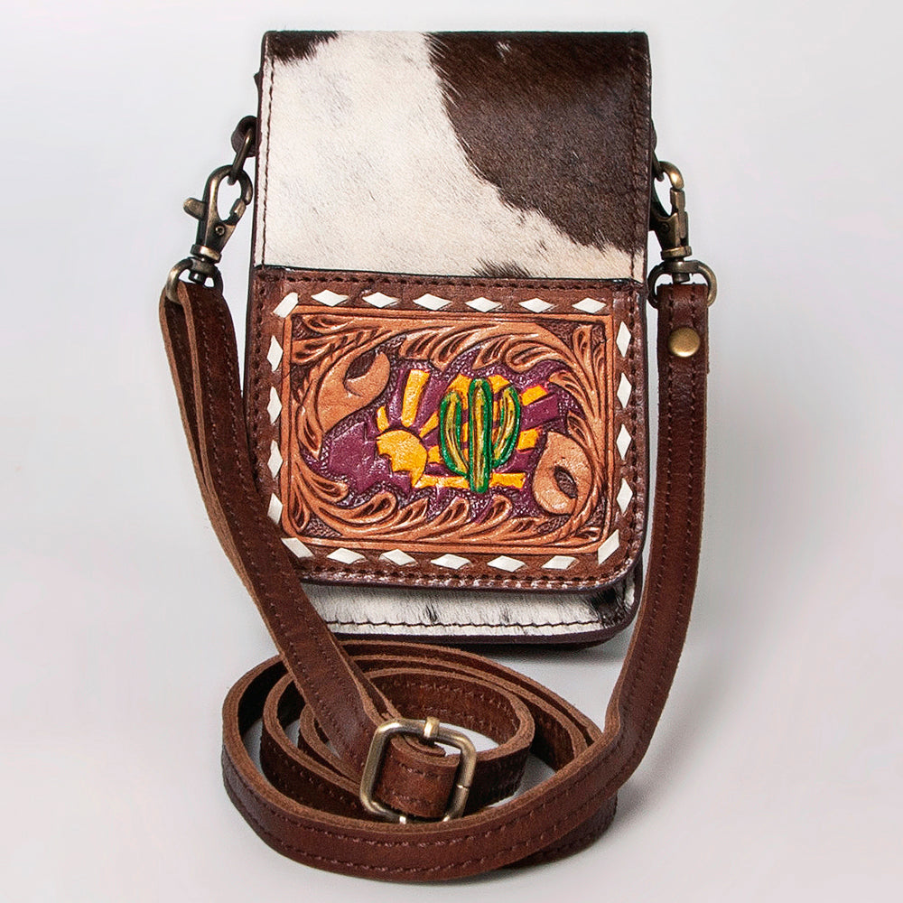 LC-ADBGF111 Western Leather Cellphone Holder - Hair-On Hide with Hand-Tooled Cactus & Sun Design