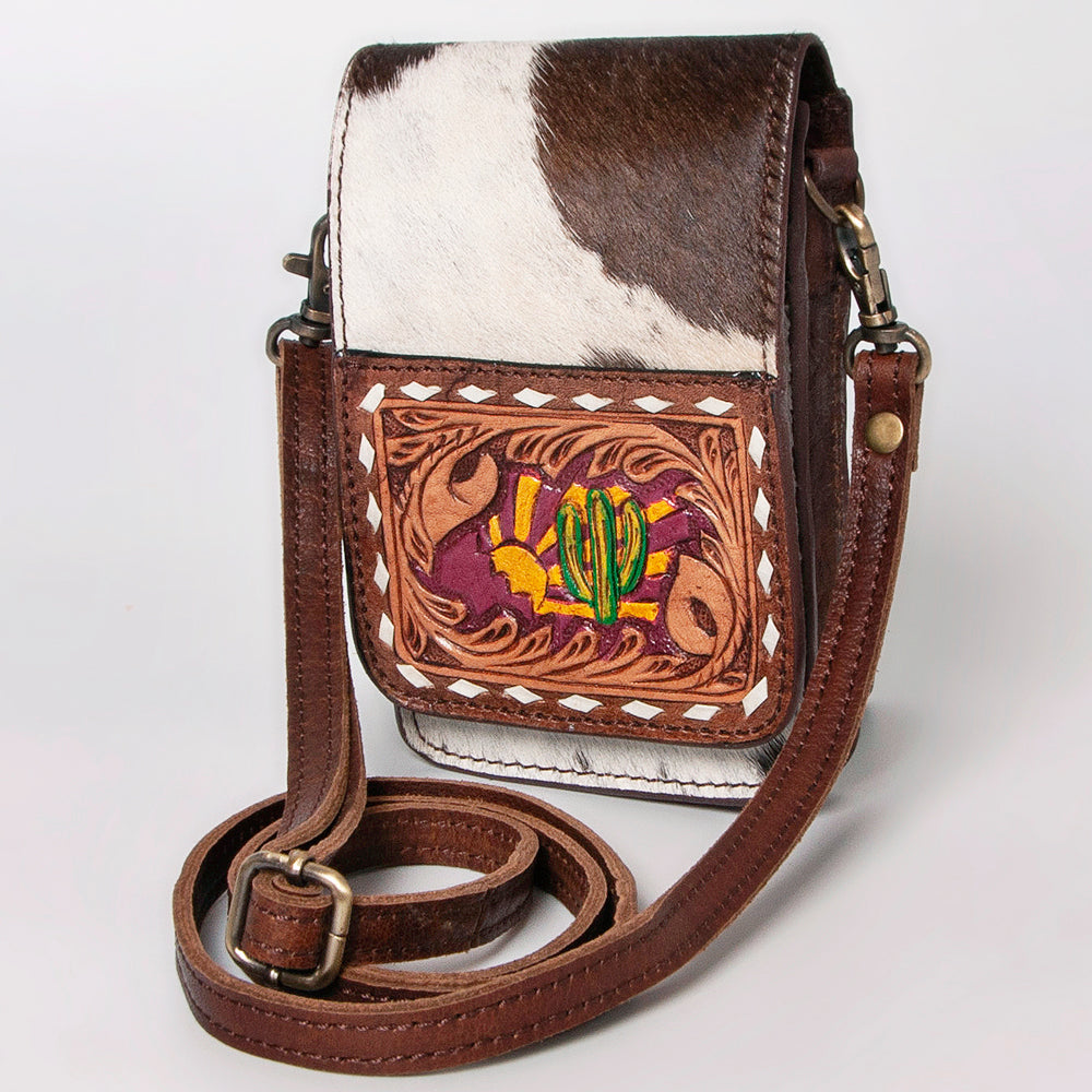 LC-ADBGF111 Western Leather Cellphone Holder - Hair-On Hide with Hand-Tooled Cactus & Sun Design