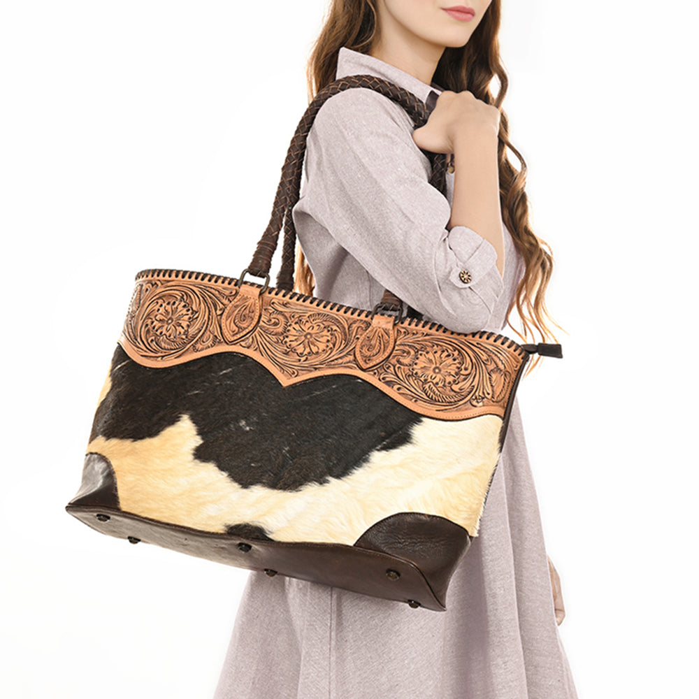 LC-ADBGZ649 Cowhide Leather Tote Bag with Hand-Tooled Floral Yoke - Western Shoulder Bag
