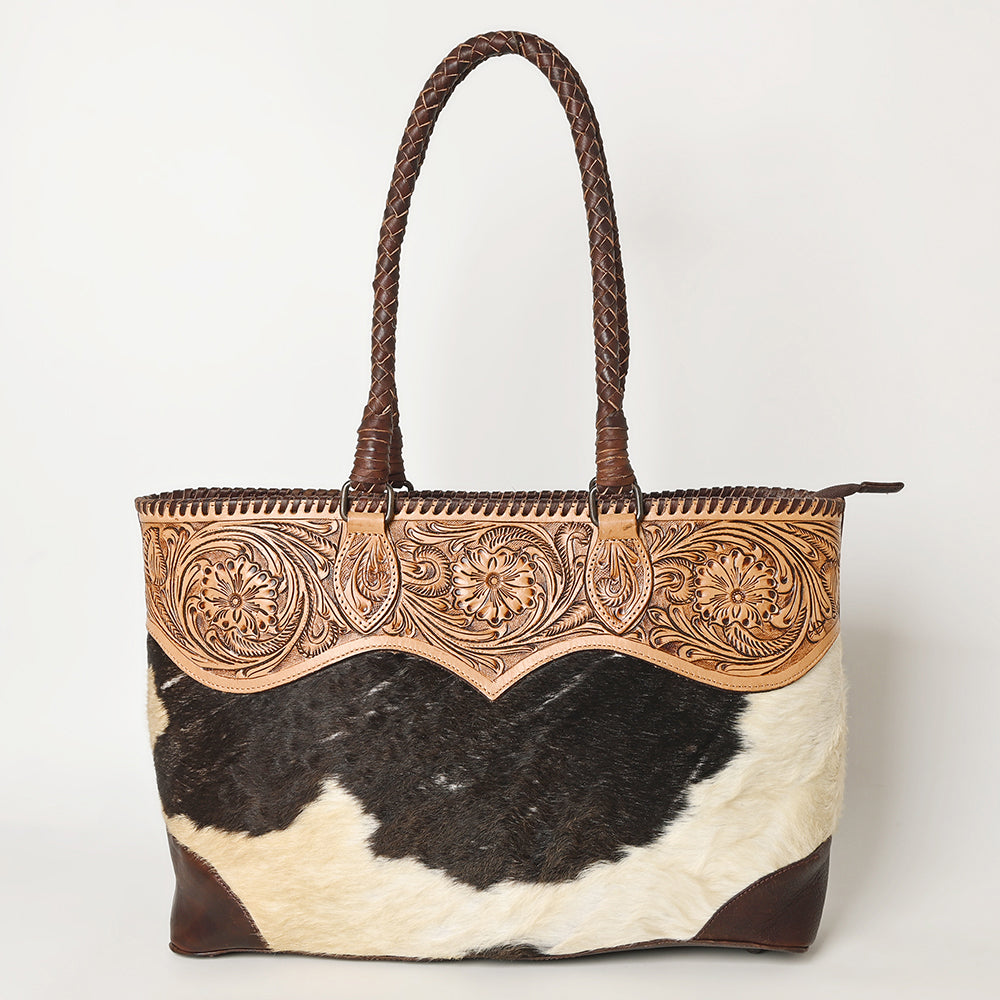 LC-ADBGZ649 Cowhide Leather Tote Bag with Hand-Tooled Floral Yoke - Western Shoulder Bag