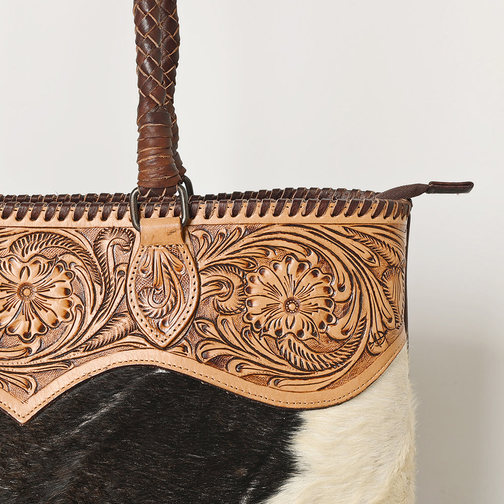 LC-ADBGZ649 Cowhide Leather Tote Bag with Hand-Tooled Floral Yoke - Western Shoulder Bag