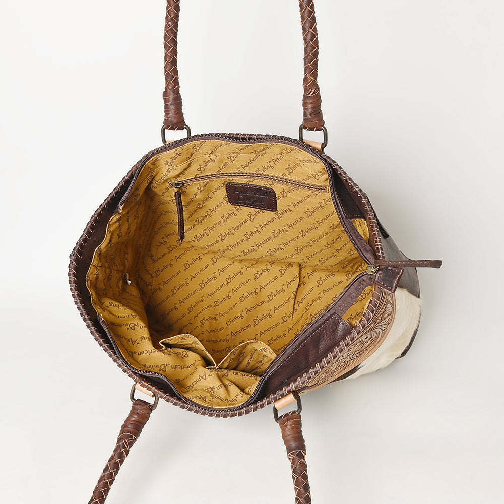 LC-ADBGZ649 Cowhide Leather Tote Bag with Hand-Tooled Floral Yoke - Western Shoulder Bag